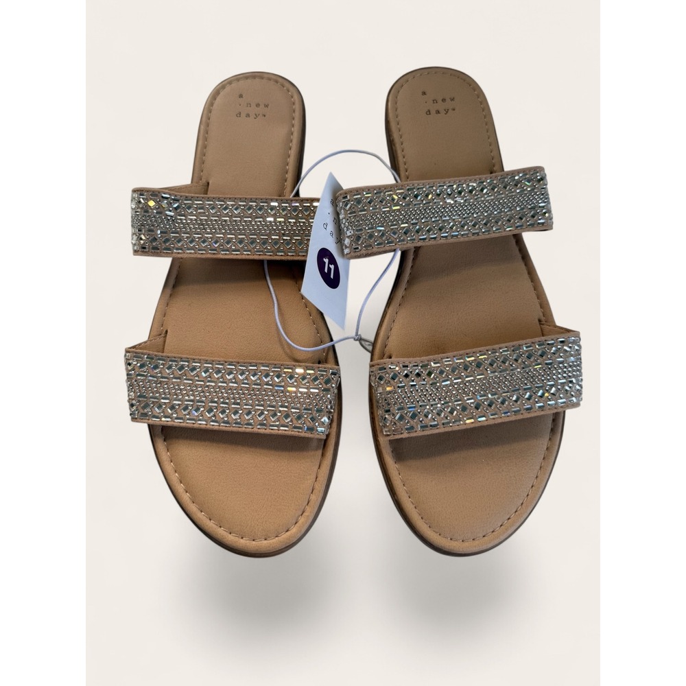 Coquette Rhinestone Double Strap Slide Sandals Tan Silver Sparkle 11 NWT